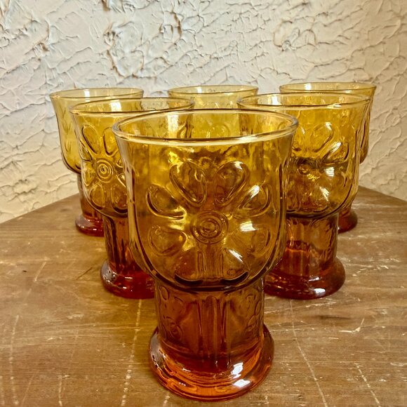 Vintage Amber Glass Goblets Set of 6 Floral Pressed Glass Mid Century A - Picture 2 of 10